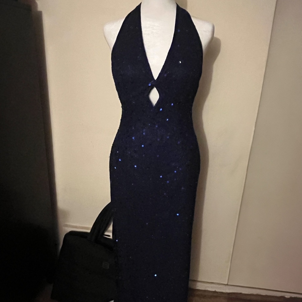 Scala Navy Halter Sequin Prom Gown